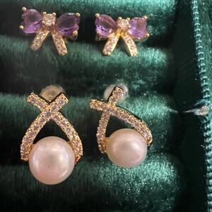 Elegant Gold natural Perl and Purple Amethyst Bow Earrings